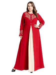(M-4XL)  Nazanin Plus Size Red Pleat Embroidery Long Sleeve Abaya
