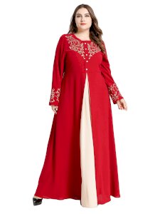 (M-4XL)  Nazanin Plus Size Red Pleat Embroidery Long Sleeve Abaya