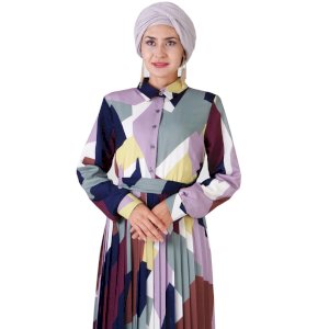 Nilofar Plus Size Art Mosaic Pleated Long Sleeve Maxi Shirt Dress