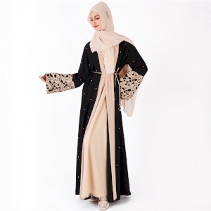 Nidda Plus Size Wedding Occasion Muslimah Gold Lace And Pearl Kimono Open Jacket